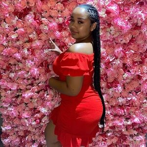 Red Ruffle Hem Ruched Bardot Dress (sold)